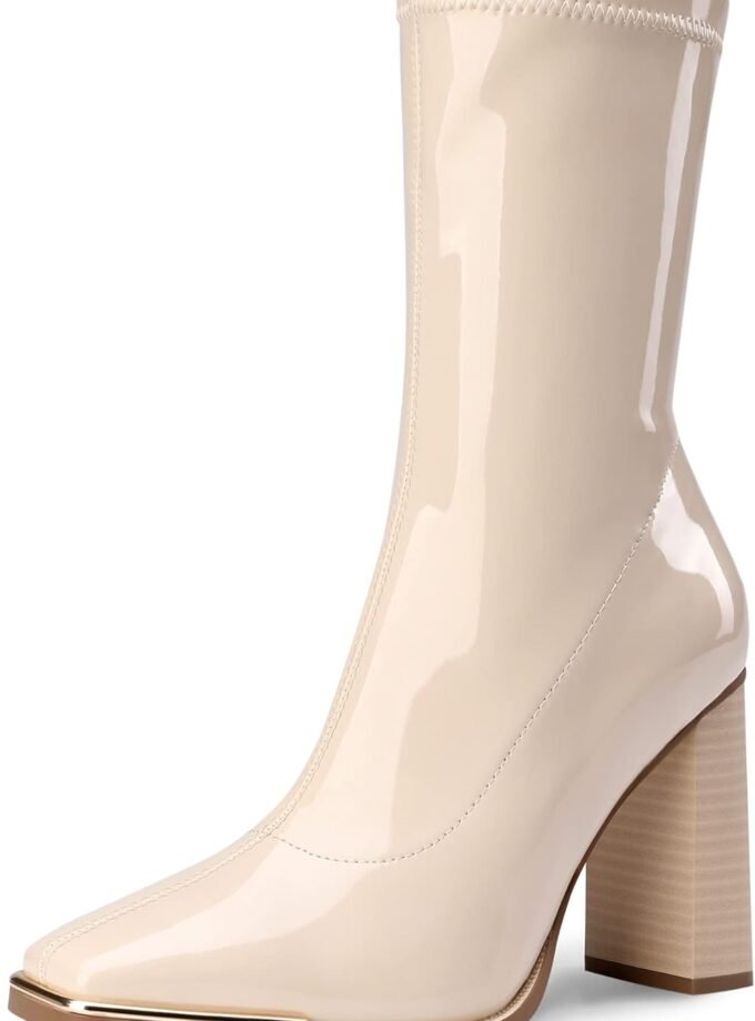 Women's Square Toe  Boots Elastic Ankle Boots High Chunky Block Heel Mid Calf Boots