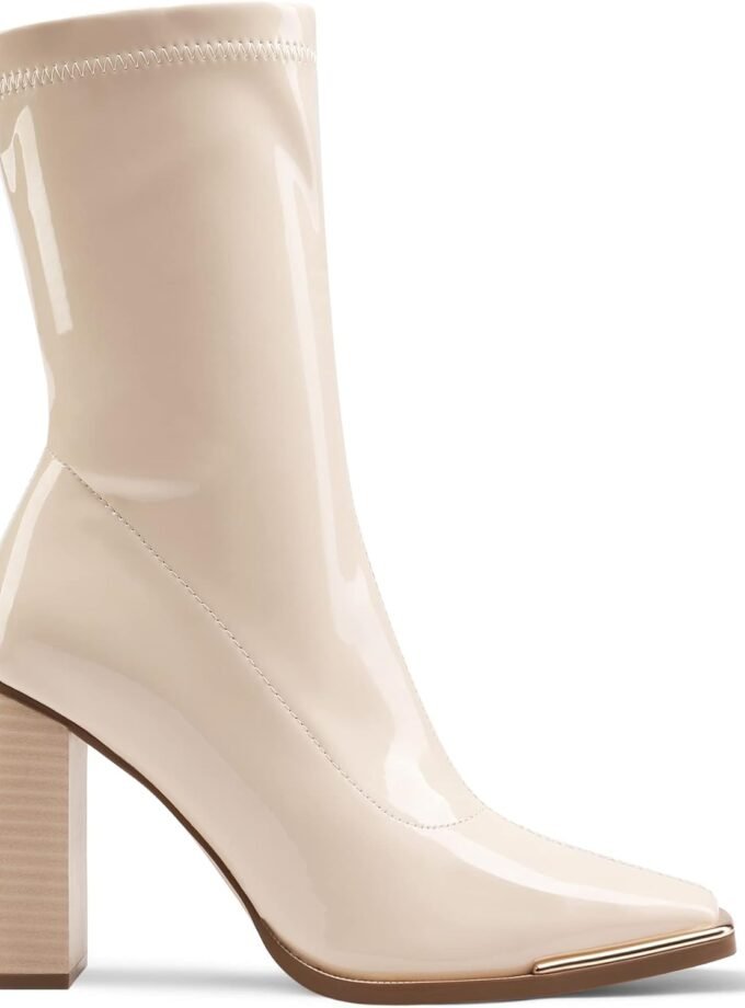 Women's Square Toe Boots Elastic Ankle Boots High Chunky Block Heel Mid Calf Boots