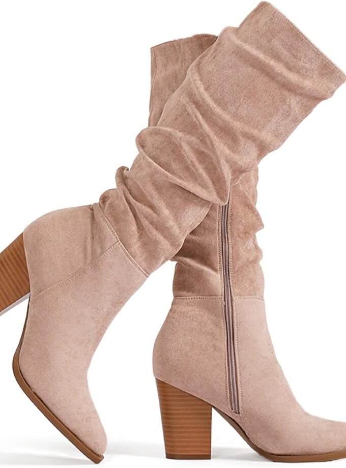 Women's Pointed Toe Knee High Boots Faux Suede Slouch Boots with Chunky Heel
