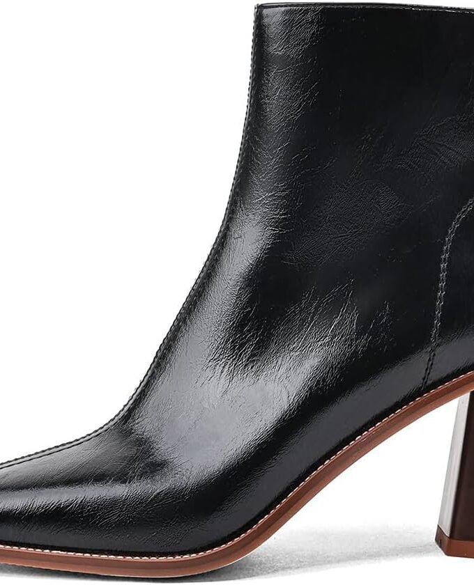 Womens Ankle Boots Chunky Mid Heel Booties Retro Square Pointed Toe Side Zipper Short Boots Heeled Shoes for Women Fall Winter