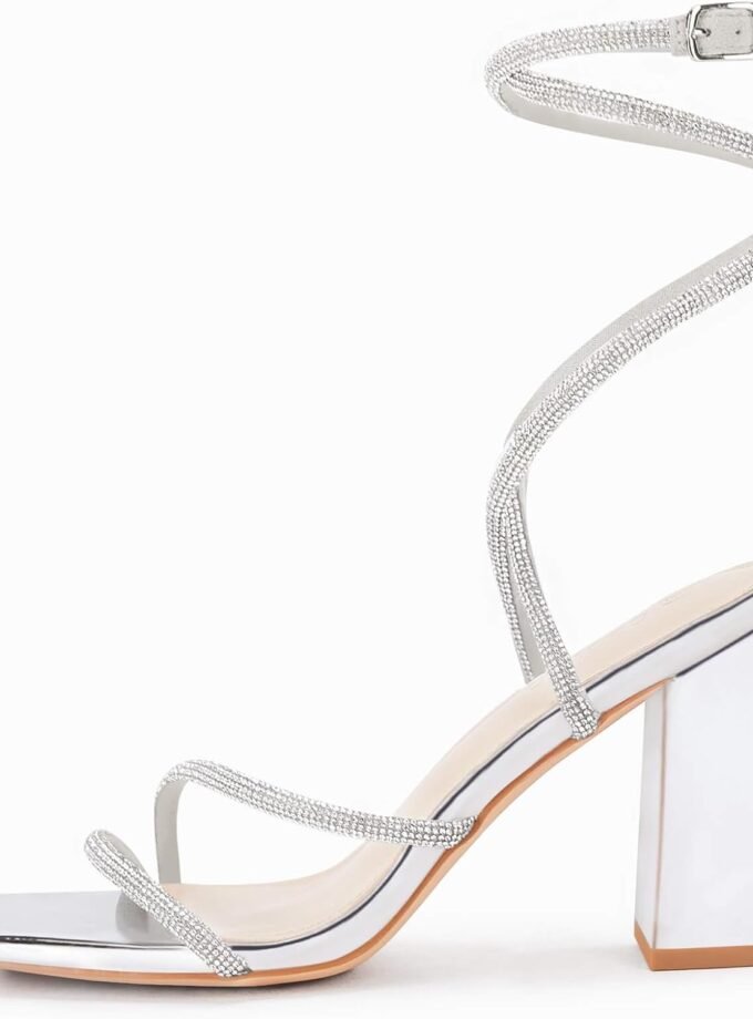 Women's Lace-Up Chunky Heel Rhinestone Sandals, Square Toe Open-Toe High Heels, Chunky Heels for Weddings