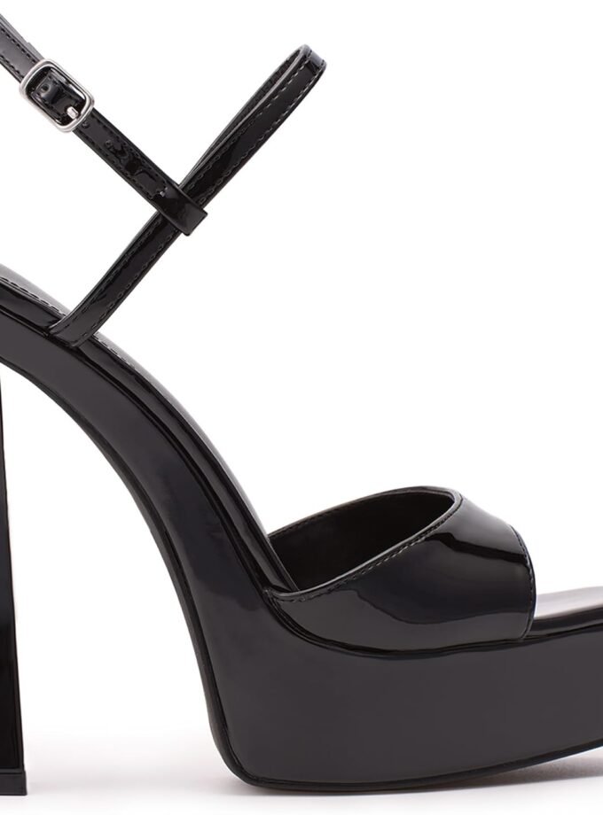 Black/burgundy platform chunky heel sandals, open-toe round toe 4-inch high heel sandals with ankle buckle