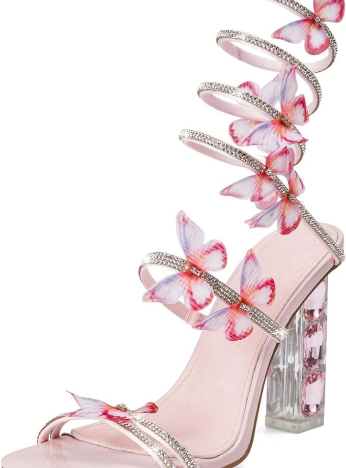 Women's lace-up square-toe open-toe chunky heel sandals, rhinestone-strap lace-up high heel sandals, sparkly dress party wedding shoes