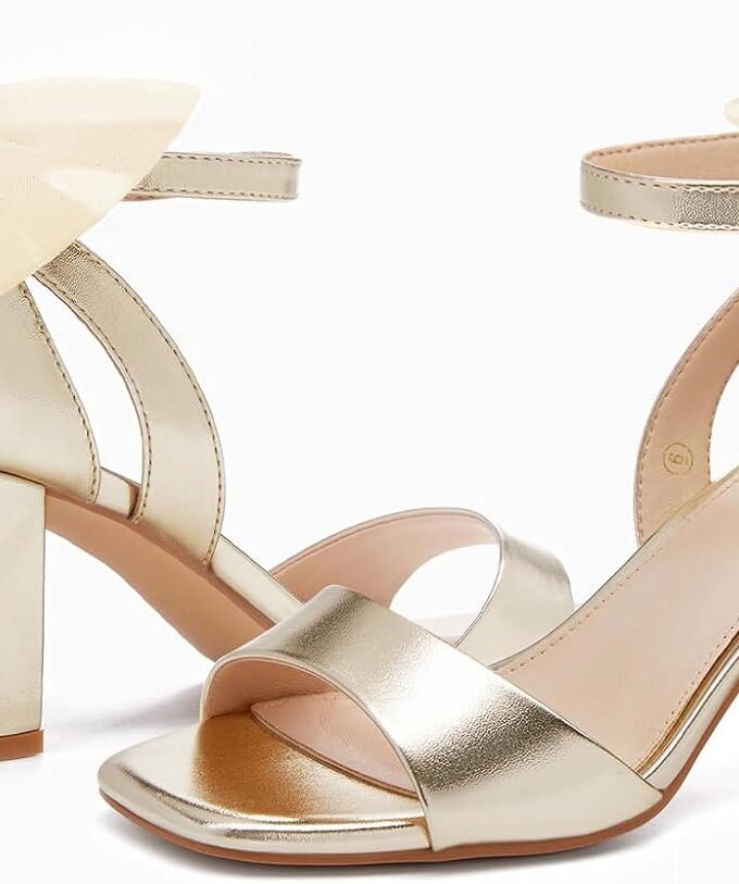 Women's bow high-heeled sandals, chunky heel single strap satin ankle strap buckle dress/wedding shoes