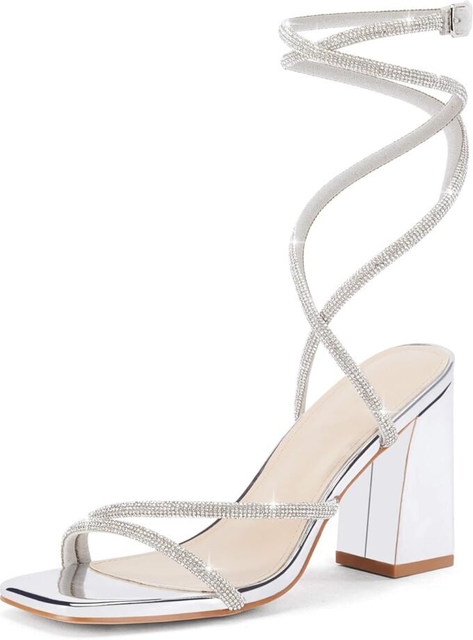 Women's Lace-Up Chunky Heel Rhinestone Sandals, Square Toe Open-Toe High Heels, Chunky Heels for Weddings