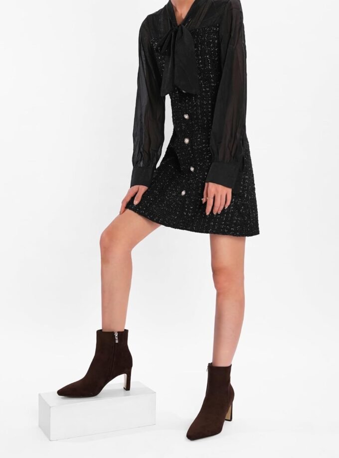 Brown Suede Ankle Boots for Women Pointed Toe Chunky High Heeled Booties Fall Dressy Short Boots with Zipper