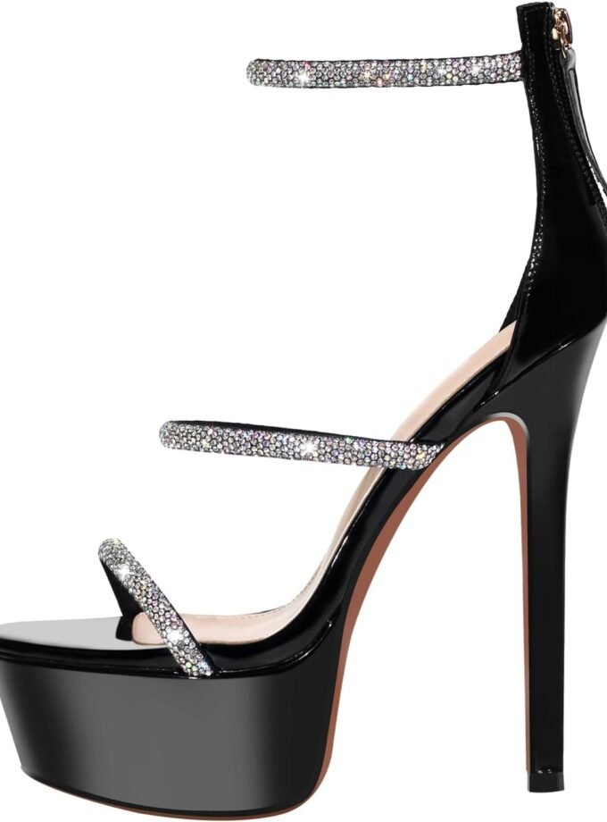Platform Heel for Women Crystal Sandals with Rhinestone Straps Buckle Stiletto High Heels