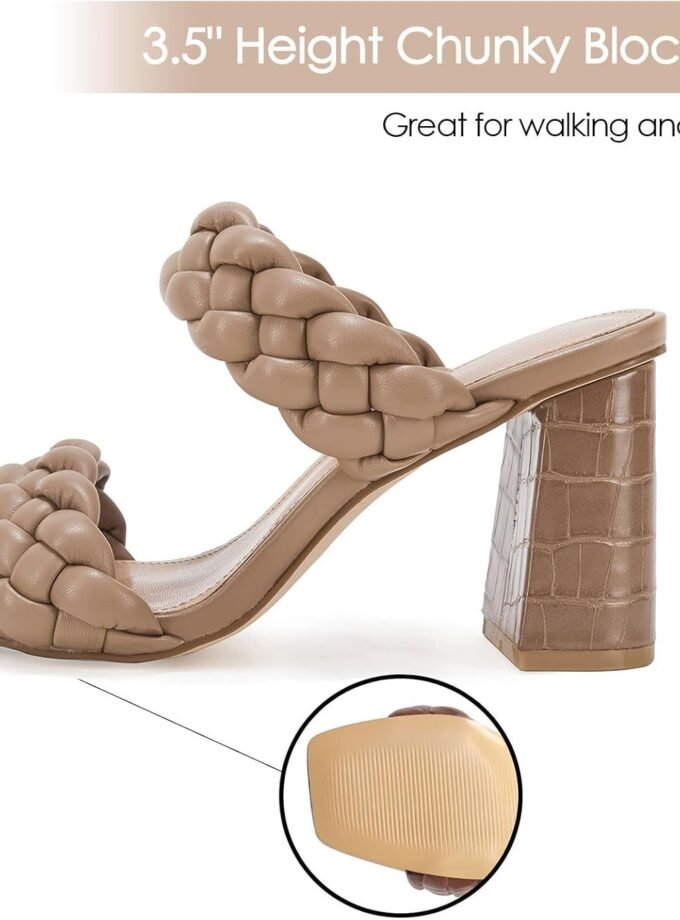 Women's woven high-heeled sandals, chunky heel double strap summer dress sandals