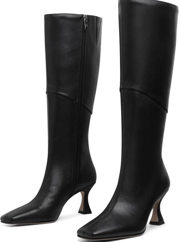 Knee High Boots Women Square Toe Kitten High Heel Tall Boots Fashion Side Zipper Stiletto Heel Long Boots