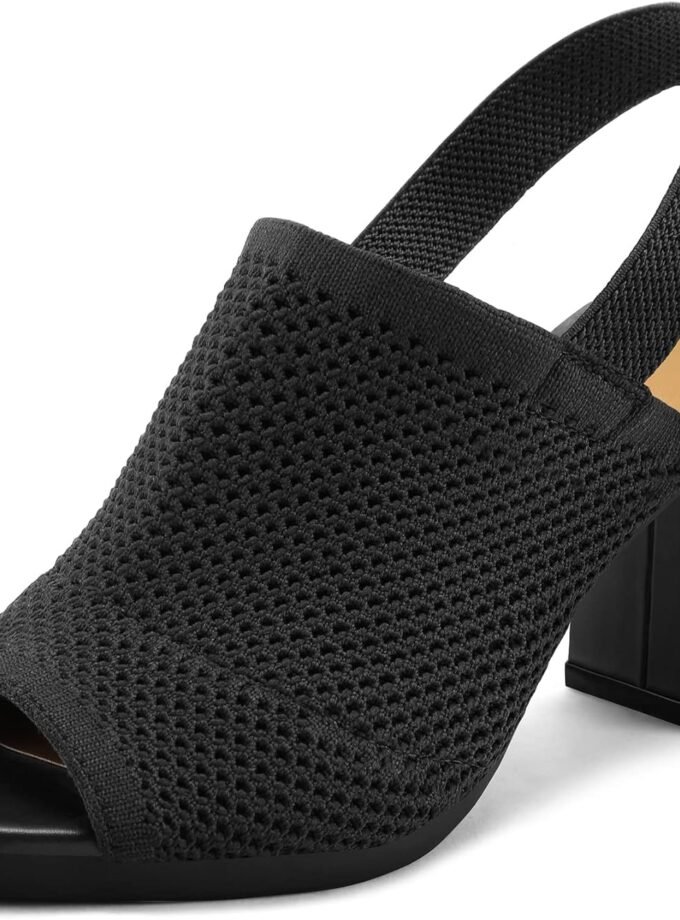 Women's knitted chunky heels, elastic back-lace-up open-toe sandals, 3-inch heel