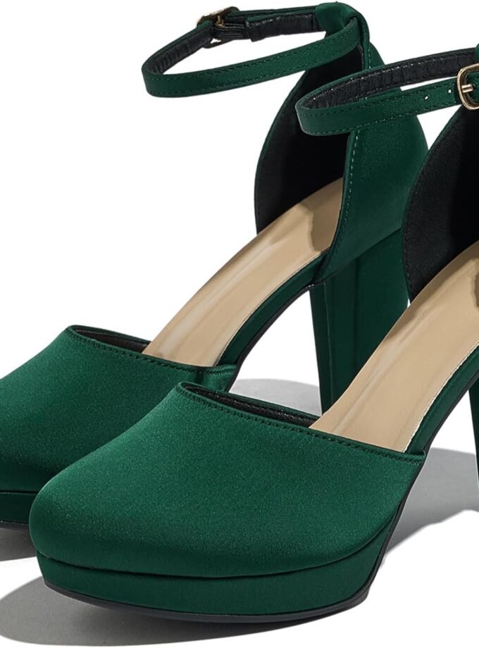 Women's High Block Heels Pumps Round Closed Toe Ankle Strap Dress Wedding Shoes