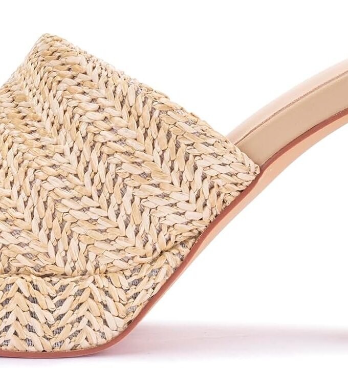 Women's raffia high-heeled sandals, platform wedge heel, slip-on chunky heel, elegant summer open-toe chunky heel resort beach mules
