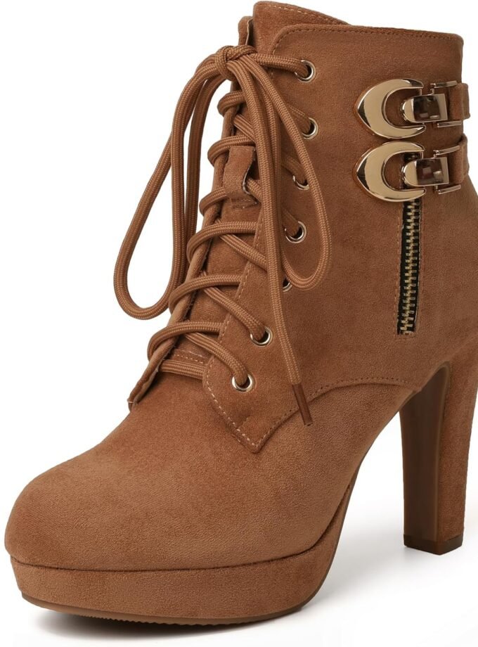 High Heel Boots for Women,Womens Platform Boot Heels Sexy Round Toe Lace UP High Heels Mid Calf Boots