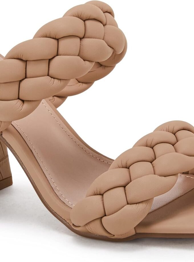 Women's woven high-heeled sandals, chunky heel double strap summer dress sandals