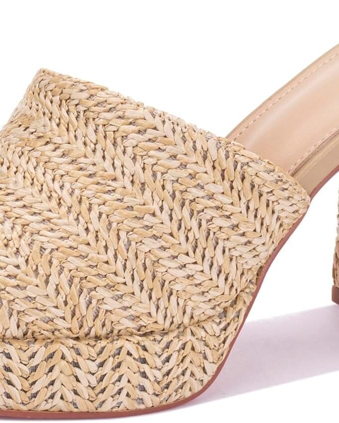 Women's raffia high-heeled sandals, platform wedge heel, slip-on chunky heel, elegant summer open-toe chunky heel resort beach mules