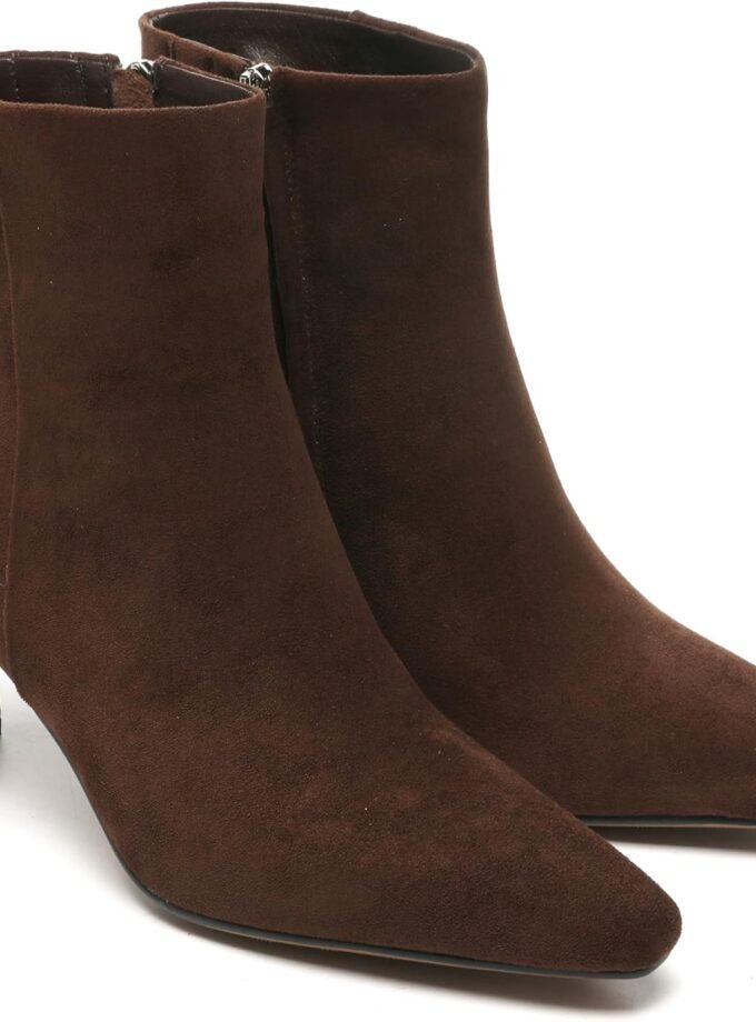 Brown Suede Ankle Boots for Women Pointed Toe Chunky High Heeled Booties Fall Dressy Short Boots with Zipper