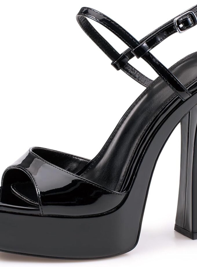 Black/burgundy platform chunky heel sandals, open-toe round toe 4-inch high heel sandals with ankle buckle