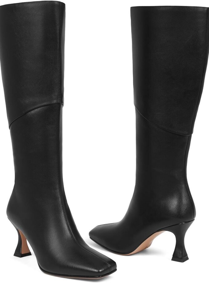 Knee High Boots Women Square Toe Kitten High Heel Tall Boots Fashion Side Zipper Stiletto Heel Long Boots